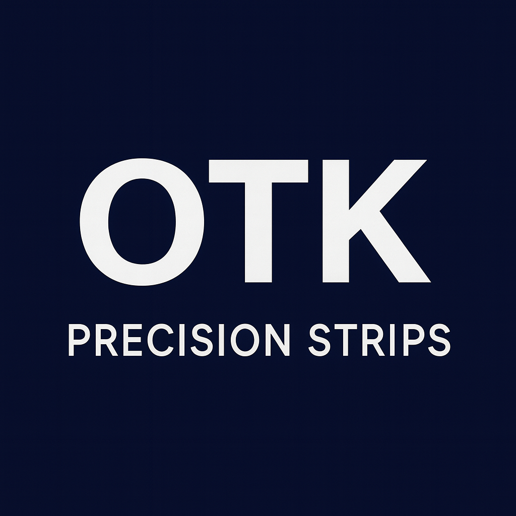 OTK Precision Strips logo in white on a dark navy background