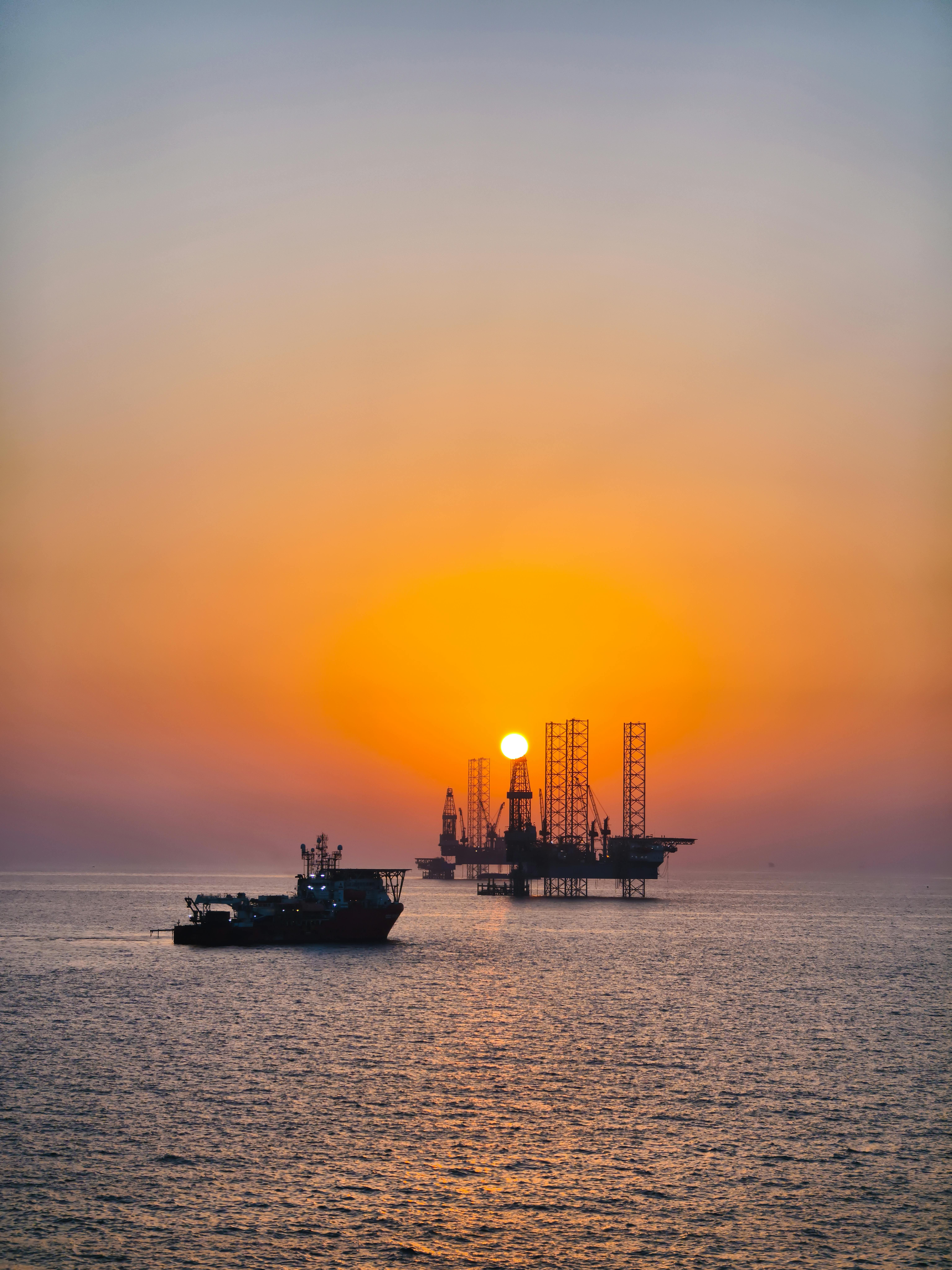 Offshore oil platform at sunset in the North Sea – marine stainless-steel applications
